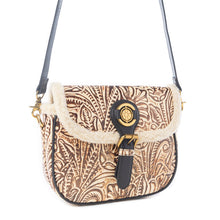 Load image into Gallery viewer, Myra Raven &amp; Dune Embossed Leather Crossbody Bag with Fur Accent in Winter Ivory