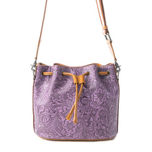 Load image into Gallery viewer, Myra Amara Bloom Embossed Leather Bucket Bag in Mystic Lilac