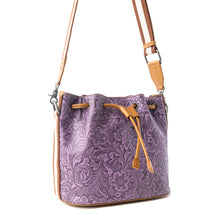 Load image into Gallery viewer, Myra Amara Bloom Embossed Leather Bucket Bag in Mystic Lilac