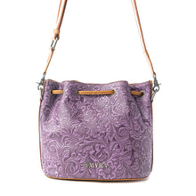Load image into Gallery viewer, Myra Amara Bloom Embossed Leather Bucket Bag in Mystic Lilac