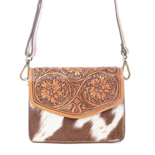 Load image into Gallery viewer, Myra Bridle Blossom Handtooled Hairon Leather Bag in Amber Carve