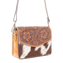 Load image into Gallery viewer, Myra Bridle Blossom Handtooled Hairon Leather Bag in Amber Carve