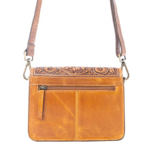 Load image into Gallery viewer, Myra Bridle Blossom Handtooled Hairon Leather Bag in Amber Carve
