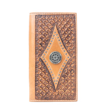 Load image into Gallery viewer, Myra Nomad's Emblem Handtooled Leather Wallet for Men in Walnut Emboss