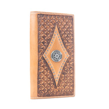 Load image into Gallery viewer, Myra Nomad's Emblem Handtooled Leather Wallet for Men in Walnut Emboss