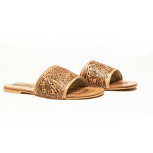 Load image into Gallery viewer, Myra Cactus Lace Handtooled Leather Sandals in Charred Brown