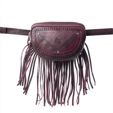 Load image into Gallery viewer, Myra Zidana Stormy Trails Fringed Veg Tanned Leather Bag in Raven Dusk
