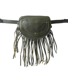 Load image into Gallery viewer, Myra Zidana Stormy Trails Fringed Veg Tanned Leather Bag in Dusty Pine