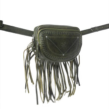 Load image into Gallery viewer, Myra Zidana Stormy Trails Fringed Veg Tanned Leather Bag in Dusty Pine