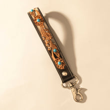 Load image into Gallery viewer, Myra River Glen Handtooled Hairon Leather Key Fob in Espresso Turquoise