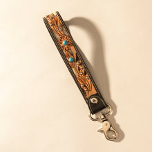 Load image into Gallery viewer, Myra River Glen Handtooled Hairon Leather Key Fob in Espresso Turquoise