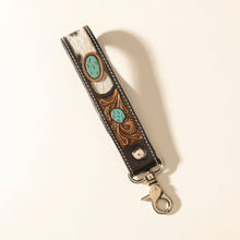 Load image into Gallery viewer, Myra Tallin Bloom Handtooled Leather Keyfob in Saddle Sky