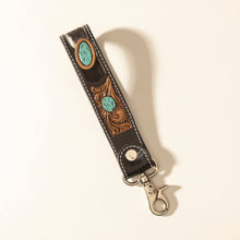 Load image into Gallery viewer, Myra Tallin Bloom Handtooled Leather Keyfob in Saddle Sky