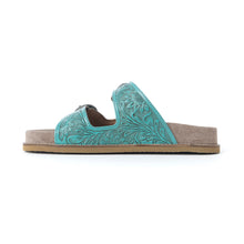 Load image into Gallery viewer, Myra Bluebell Ranch Handtooled Leather Sandals in Alpine Teal