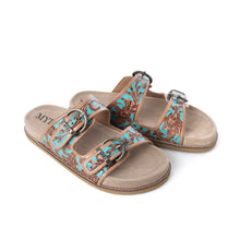 Load image into Gallery viewer, Myra Meadow Sky Handtooled Leather Sandals in Sagewave Blue