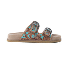 Load image into Gallery viewer, Myra Meadow Sky Handtooled Leather Sandals in Sagewave Blue