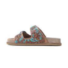 Load image into Gallery viewer, Myra Meadow Sky Handtooled Leather Sandals in Sagewave Blue