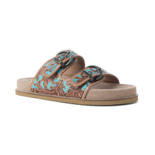 Load image into Gallery viewer, Myra Meadow Sky Handtooled Leather Sandals in Sagewave Blue
