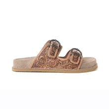 Load image into Gallery viewer, Myra Willow Bloom Handtooled Leather Sandals in Ashen Brown