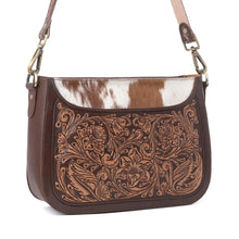 Load image into Gallery viewer, Myra Copper Crest Handtooled Hairon Leather Clutch in Saddle Walnut