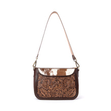 Load image into Gallery viewer, Myra Copper Crest Handtooled Hairon Leather Clutch in Saddle Walnut