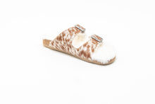 Load image into Gallery viewer, Prairie Winds Fur Comfort Hairon Leather Sandals In Brown &amp; White