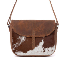 Load image into Gallery viewer, Myra Honey Field Hairon Leather Messenger Bag in Sable Mist