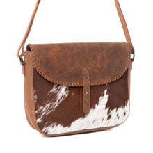 Load image into Gallery viewer, Myra Honey Field Hairon Leather Messenger Bag in Sable Mist