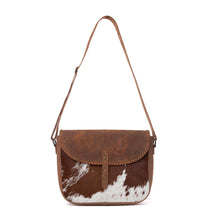 Load image into Gallery viewer, Myra Honey Field Hairon Leather Messenger Bag in Sable Mist