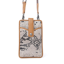 Load image into Gallery viewer, Myra Cedar Snake Print Leather Cell Phone Holder in Ebony Cream
