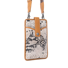 Load image into Gallery viewer, Myra Cedar Snake Print Leather Cell Phone Holder in Ebony Cream