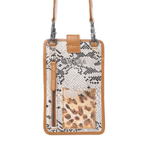 Load image into Gallery viewer, Myra Cedar Snake Print Leather Cell Phone Holder in Ebony Cream