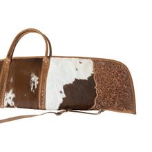 Load image into Gallery viewer, Myra Redstone Divide Handtooled Hairon Leather Gun Case in Mocha Brown