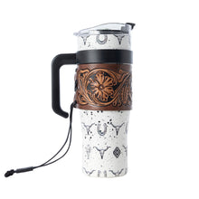 Load image into Gallery viewer, Myra Westmark Tooled Western Tumbler in White Stainless Steel with Leather Wrap and Handle for Use