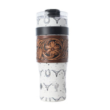 Load image into Gallery viewer, Myra Westmark Tooled Western Tumbler in White Stainless Steel with Leather Wrap and Handle for Use