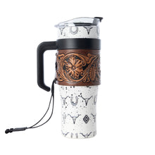 Load image into Gallery viewer, Myra Westmark Tooled Western Tumbler in White Stainless Steel with Leather Wrap and Handle for Use