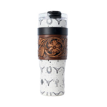 Load image into Gallery viewer, Myra Westmark Tooled Western Tumbler in White Stainless Steel with Leather Wrap and Handle for Use