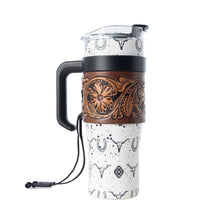 Load image into Gallery viewer, Myra Westmark Tooled Western Tumbler in White Stainless Steel with Leather Wrap and Handle for Use