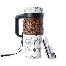 Load image into Gallery viewer, Myra Westmark Tooled Western Tumbler in White Stainless Steel with Leather Wrap and Handle for Use