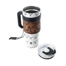 Load image into Gallery viewer, Myra Westmark Tooled Western Tumbler in White Stainless Steel with Leather Wrap and Handle for Use