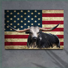 Load image into Gallery viewer, Longhorn Cattle American Flag Canvas Wall Art