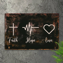 Load image into Gallery viewer, Rustic 'Faith, Hope, Love' Sign - Christian Art and Biblical Decor for home