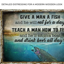 Load image into Gallery viewer, Teach A Man How To Fish And He'll Sit In A Boat And Drink Beer All Day Sign