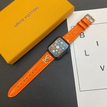 Load image into Gallery viewer, GLOSSY LEATHER APPLE WATCH STRAP LUXURY METAL LOGO
