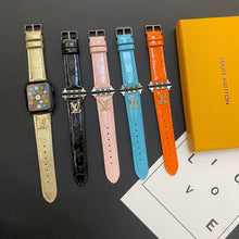 Load image into Gallery viewer, GLOSSY LEATHER APPLE WATCH STRAP LUXURY METAL LOGO