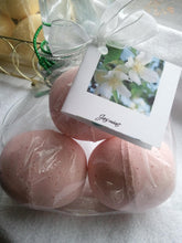Load image into Gallery viewer, 14 bath bombs in Jasmine fragrance with shea &amp; cocoa butter, gift bag bath fizzies, great for dry skin with 7 ultra rich oils