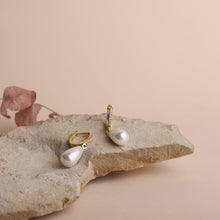 Load image into Gallery viewer, Luxe Pearl Huggie Hoops with Sparkling CZ Diamonds