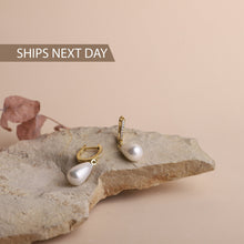 Load image into Gallery viewer, Luxe Pearl Huggie Hoops with Sparkling CZ Diamonds
