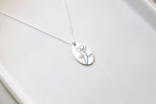 Load image into Gallery viewer, Silver Birth Flower Necklace | Handwritten Engraving | Minimalist Floral Jewelry for Women