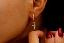 Load image into Gallery viewer, Cross Huggie Hoop Earrings with Dazzling CZ Diamonds